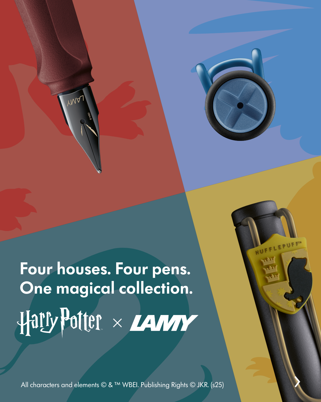 LAMY Harry Potter Special Edition collection 2025 — Nexx, Safari and AL-Star fountain pens in all four Hogwarts house colours: Gryffindor, Hufflepuff, Slytherin and Ravenclaw, at Cityluxe Singapore